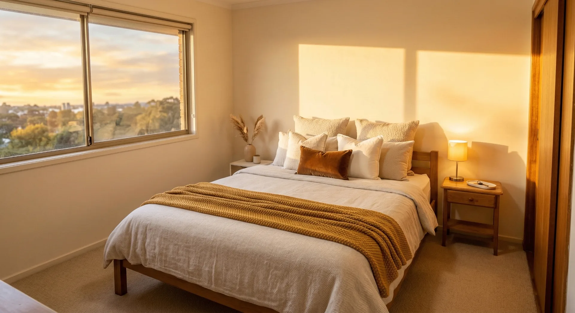 Bright, calm bedroom with a made bed and daylight through the window