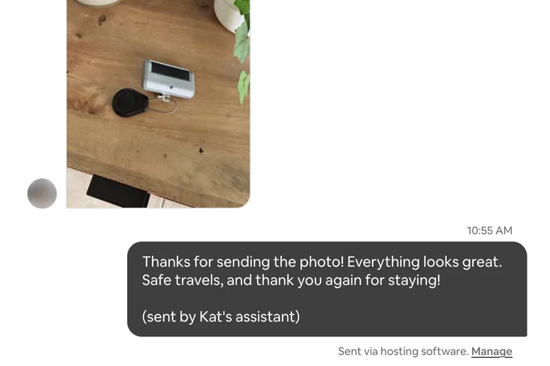 Airbnb inbox screenshot: the guest sends a photo of the keys back in the lockbox and gets a goodbye message back the same minute.