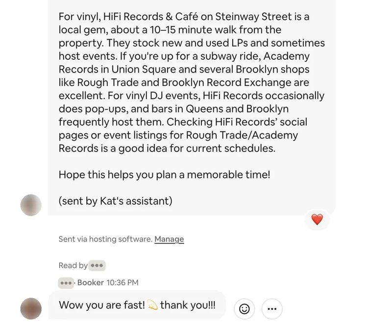 Airbnb inbox screenshot: a long answer listing steakhouses and record shops near the listing, and the guest replying “Wow you are fast! thank you!!!”