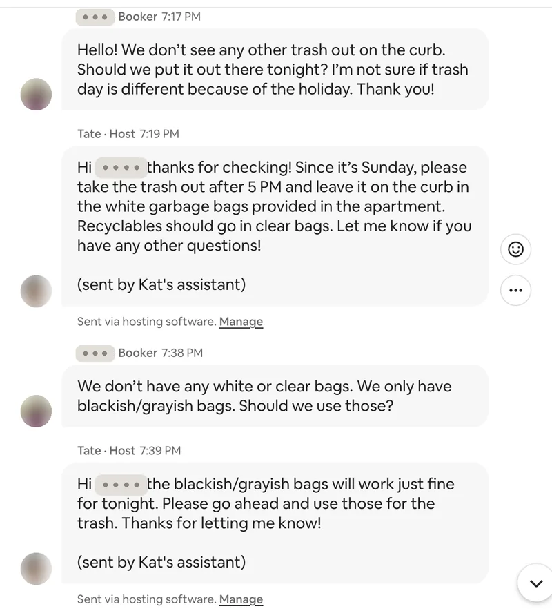 Airbnb inbox screenshot: a guest asks whether to put the trash out on a holiday Sunday and gets an answer two minutes later, signed as the host's assistant.