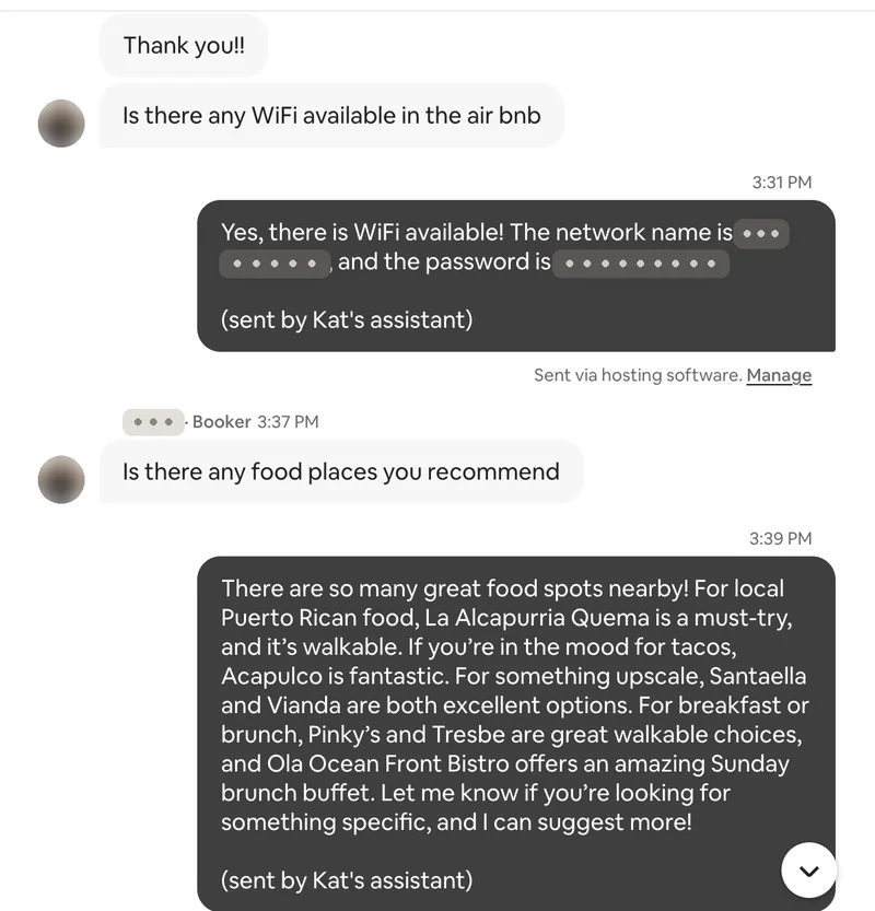 Airbnb inbox screenshot: a guest asks for the wifi, then for food recommendations, and gets both back in seconds. The network name and password are covered.