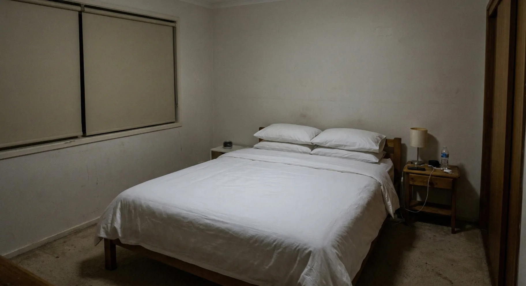 Dim bedroom with a made bed and flat light, from BNB Boost's public examples