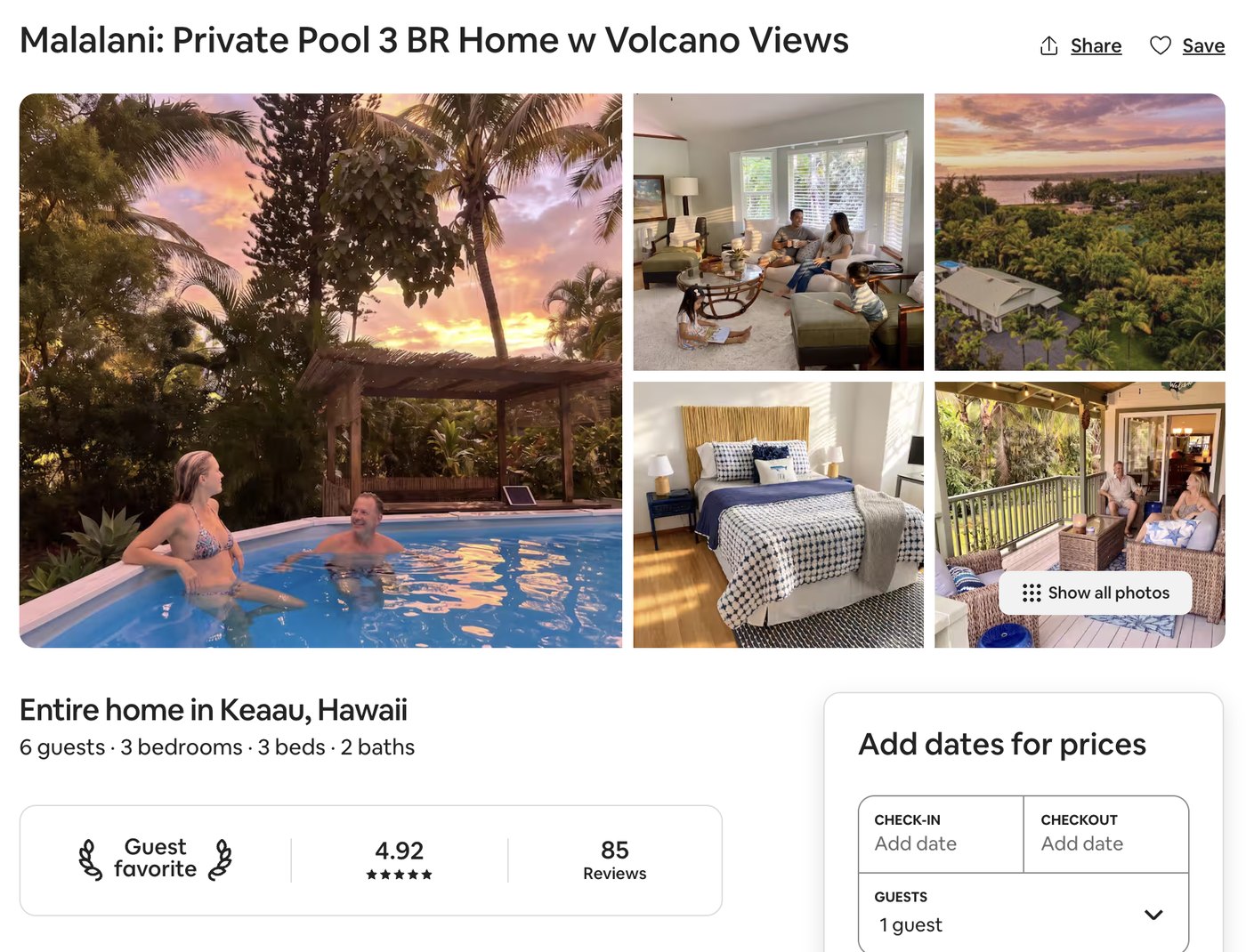 Screenshot of the Malalani Airbnb listing after: titled Malalani: Private Pool 3 BR Home w Volcano Views, with a golden-hour pool cover with guests in the water, then the living room, an aerial of the property, a bedroom and the lanai