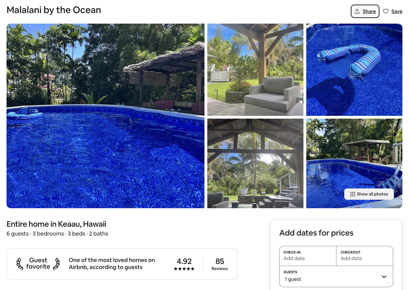Screenshot of the Malalani Airbnb listing before: titled Malalani by the Ocean, with a midday pool photo as the cover and four more pool and gazebo photos