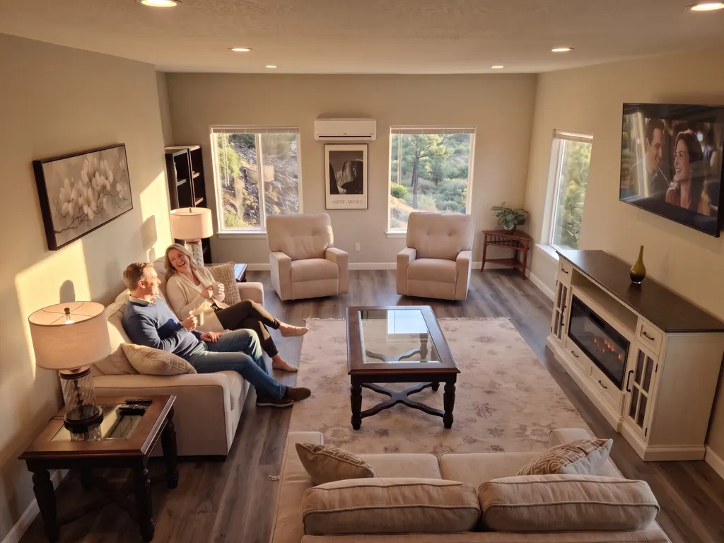 After: the same living room from a high corner angle in warm light, with two guests on the sofa