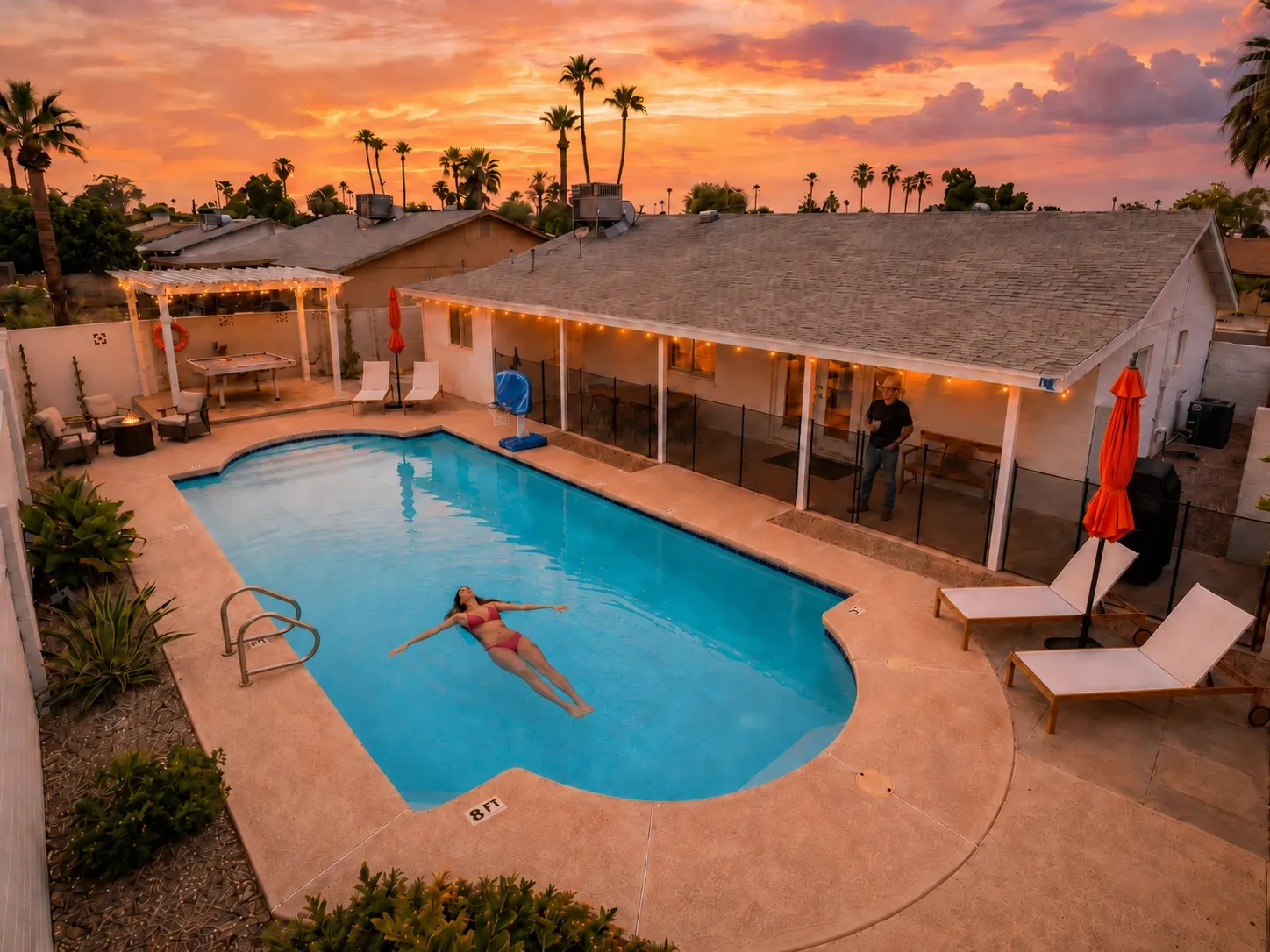 An overhead view of a backyard pool at sunset