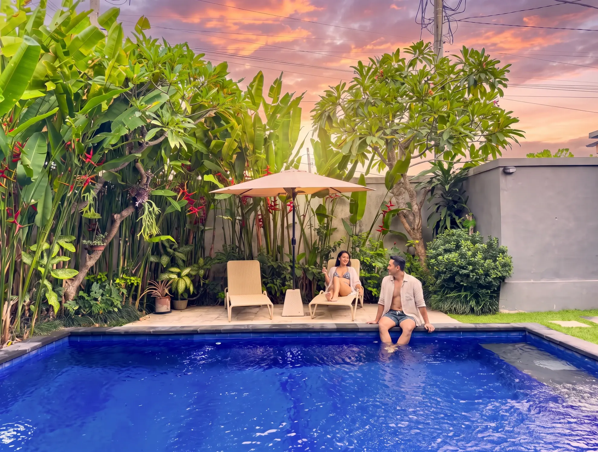 The boosted photo: the same garden pool at sunset with a couple relaxing beside it
