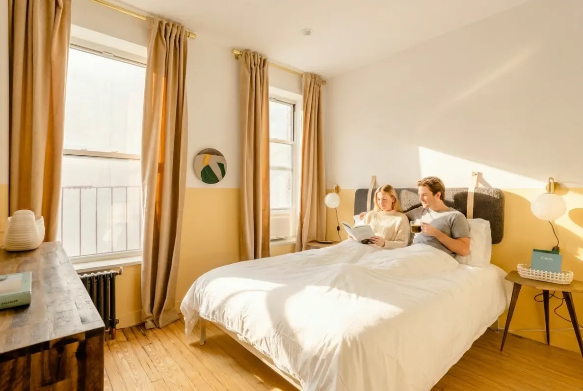 A sunlit bedroom with a couple reading in bed