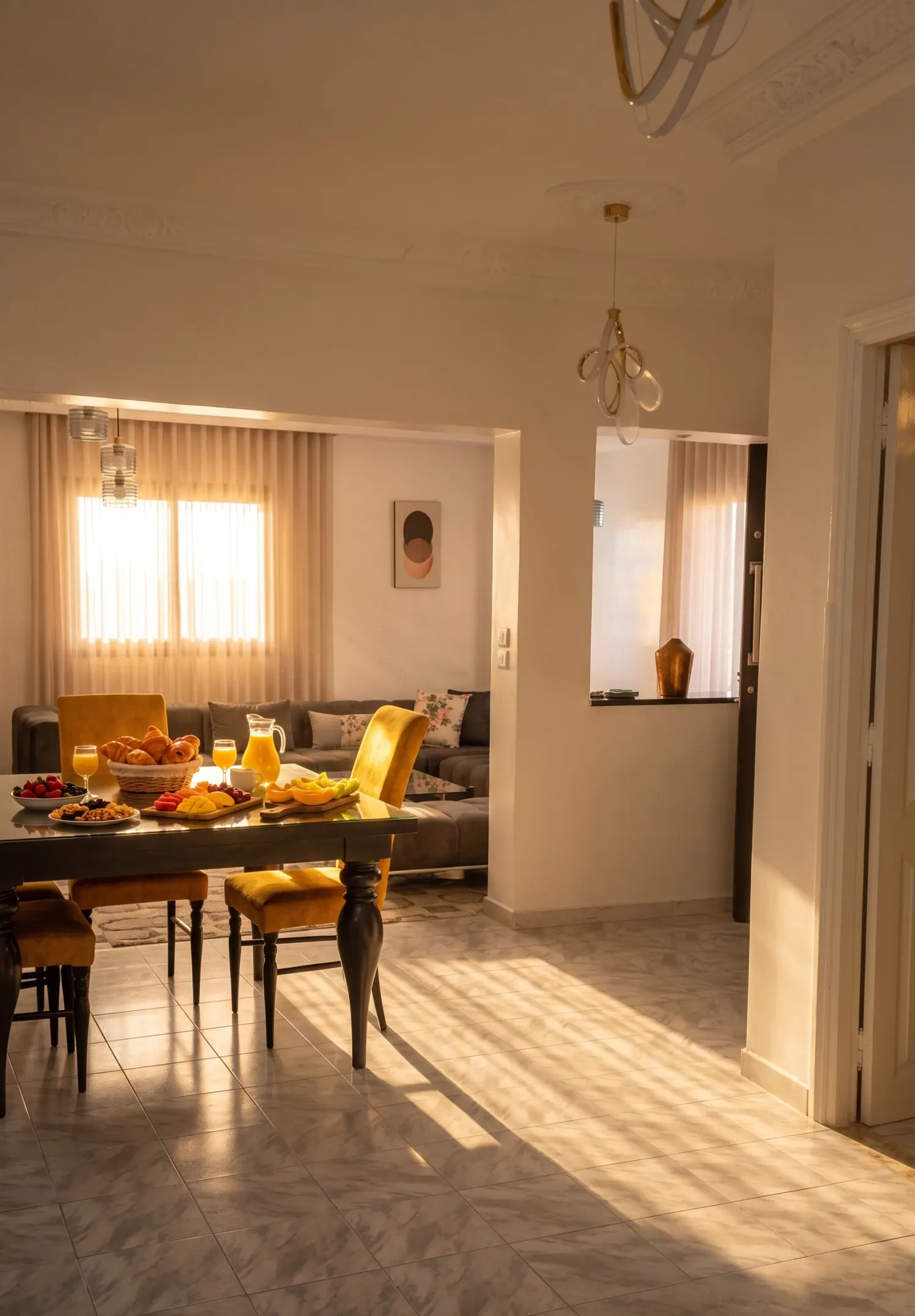 A dining room in golden morning light with breakfast laid out on the table