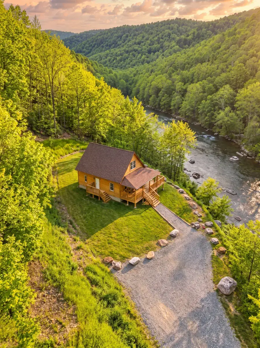 After: the same cabin from above at sunset, with the river and forested hills behind it