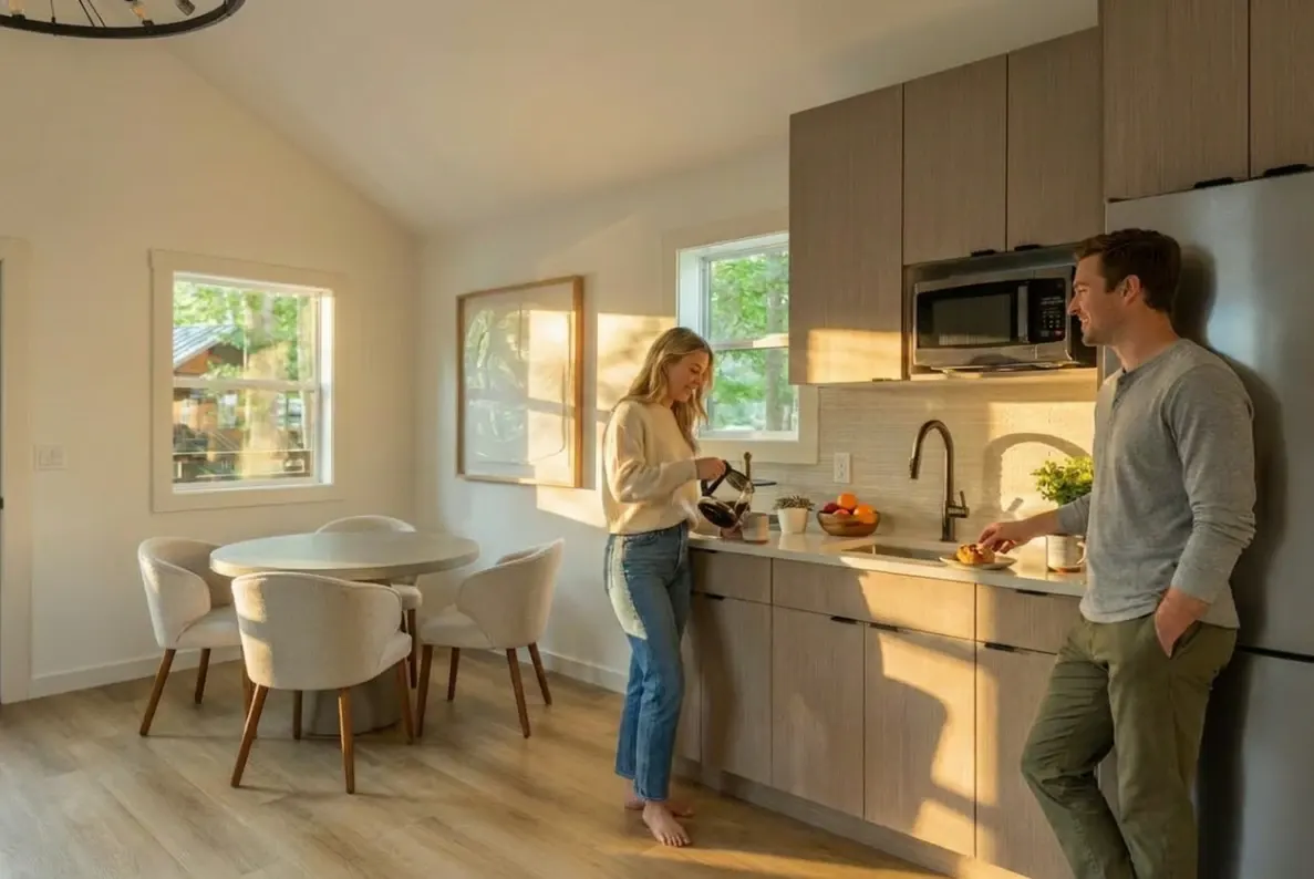A kitchen in golden light with a couple making coffee
