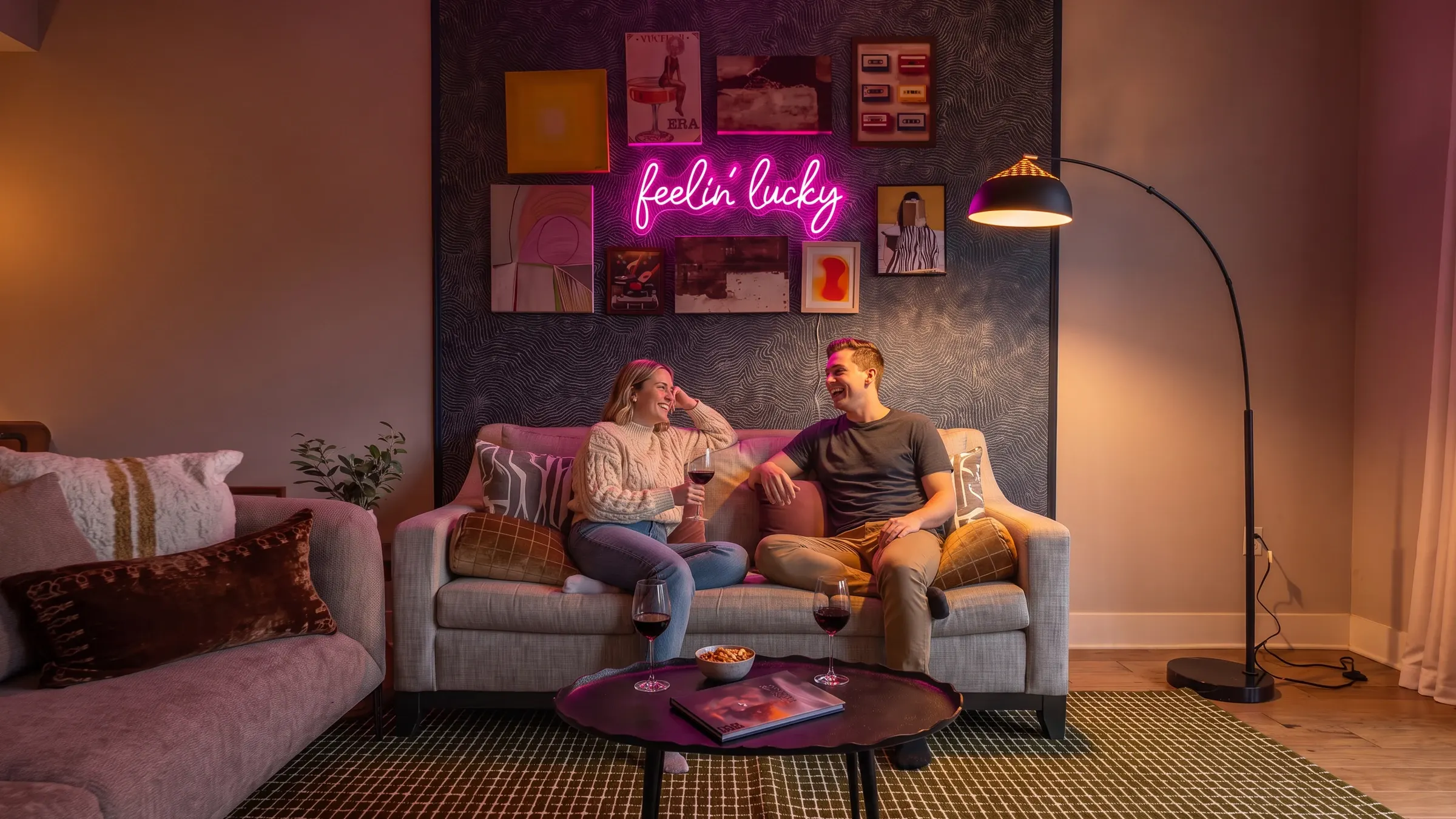 The same living room in the evening: neon sign glowing, a warm lamp, a couple laughing on the sofa