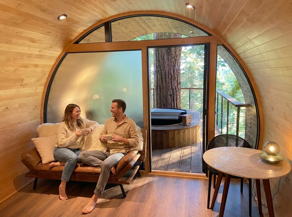 The finished photo: the same cabin room in warm light with a couple sharing coffee