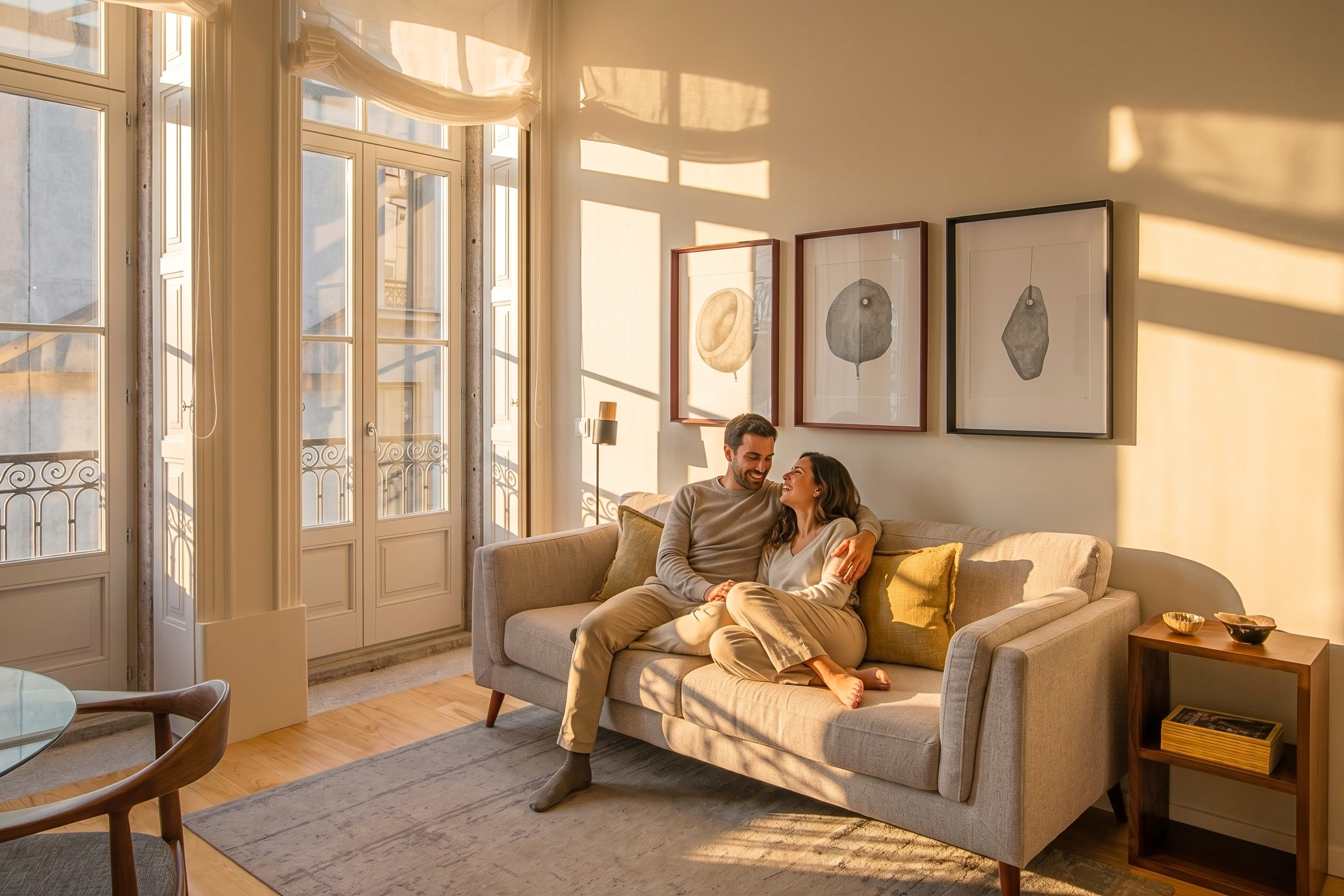 The same living room, brighter, with daylight through the windows