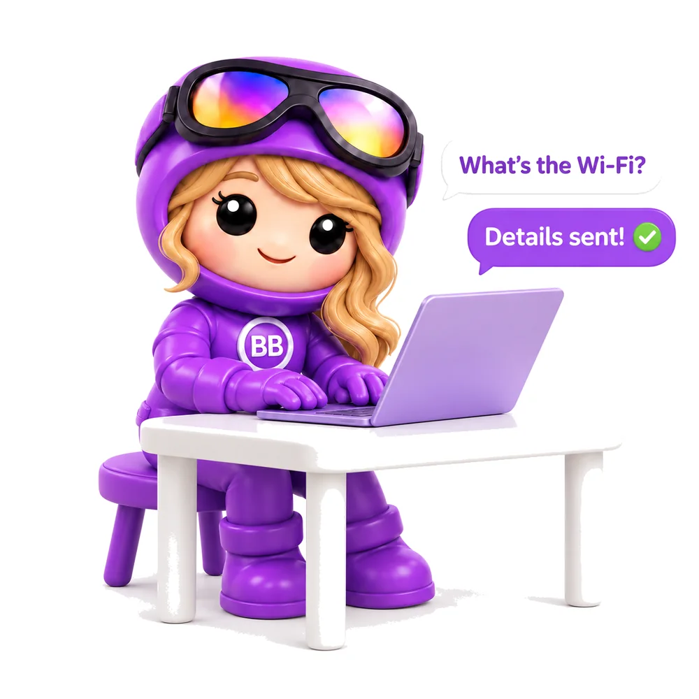 Bella at her desk answering a guest's wifi question