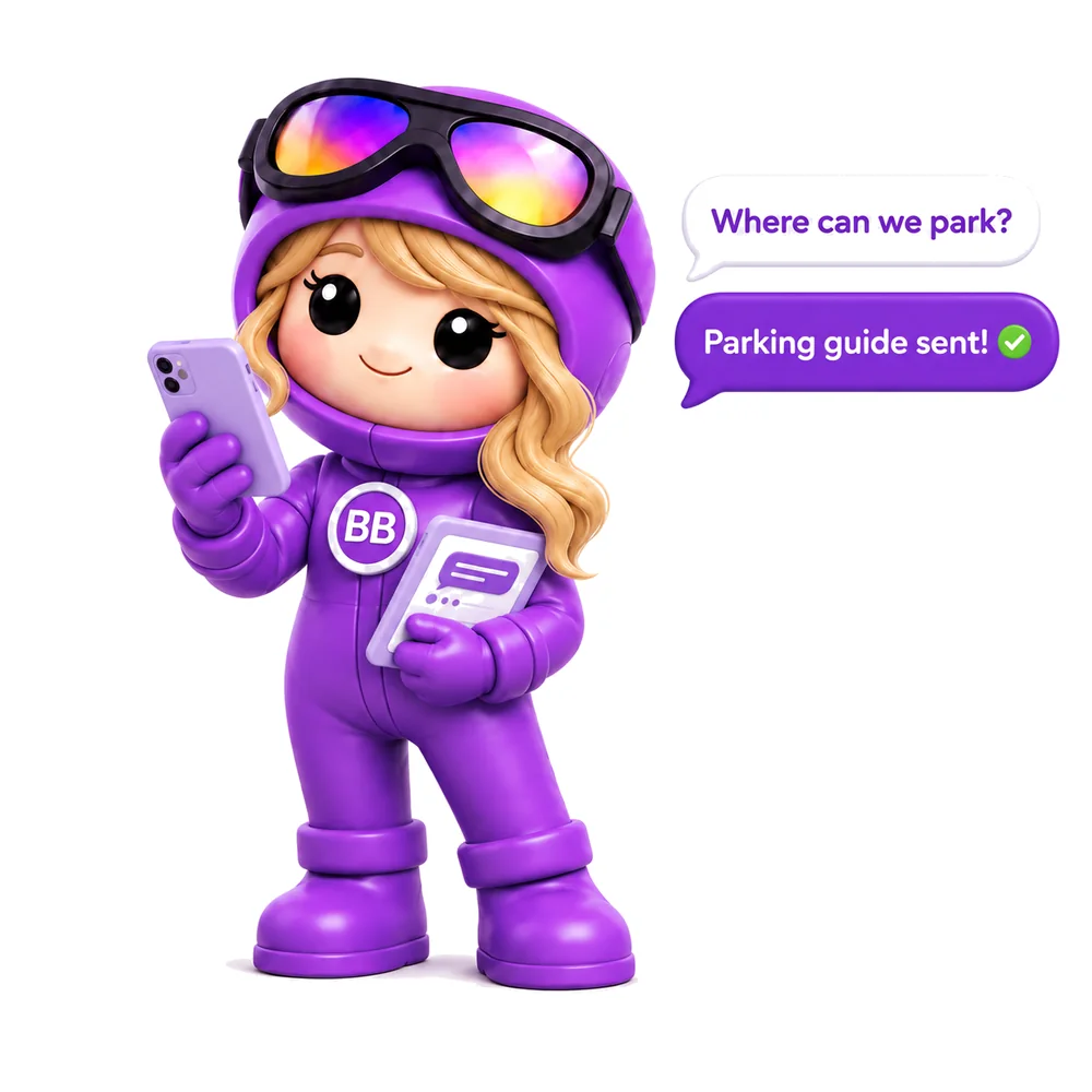 Bella on her phone, sending a guest the parking guide